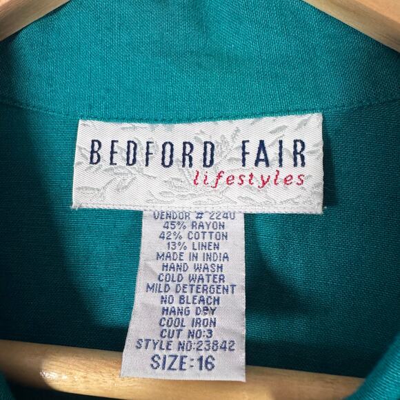 BEDFORD FAIR Women's Button Front Embroidered Shirt Teal Cropped Top Size 16 - Picture 5 of 6